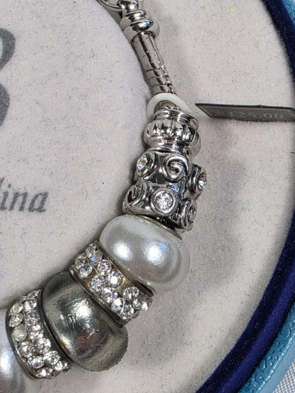 Bella Perlina Silver-Tone Charm Bracelet White Pearl Beads Crystal Accents NEW